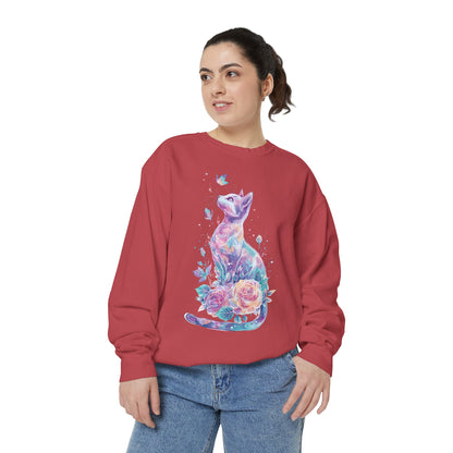 Colorful Cat Sweatshirt Comfort Colors, Galaxy Floral Cat Crewneck, Cute Cat Lover Gift, Pastel Aesthetic Pullover, Cozy Graphic Cat Jumper