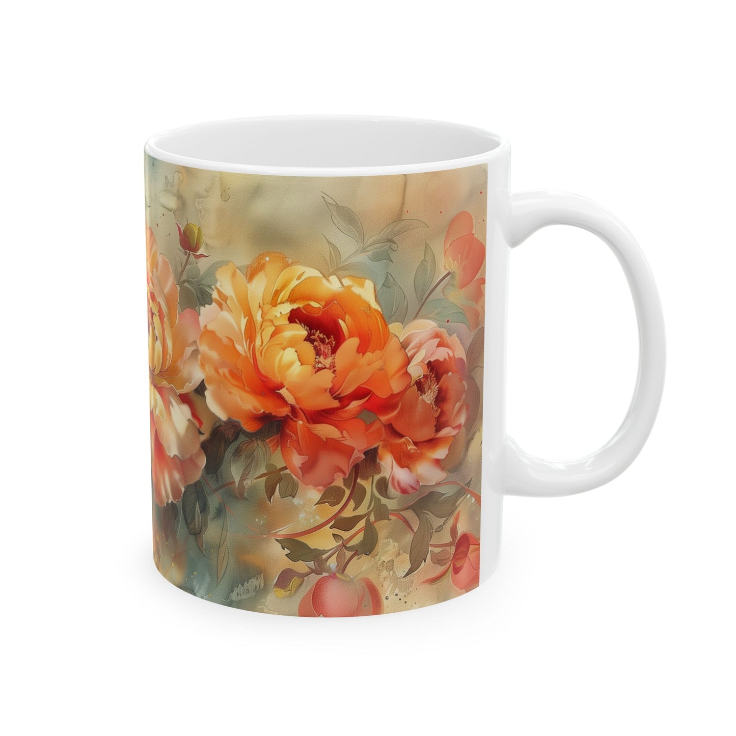 Vintage Peony Floral Mug - Elegant Flowers Watercolor Art, Design Gift for a Birthday Anniversary