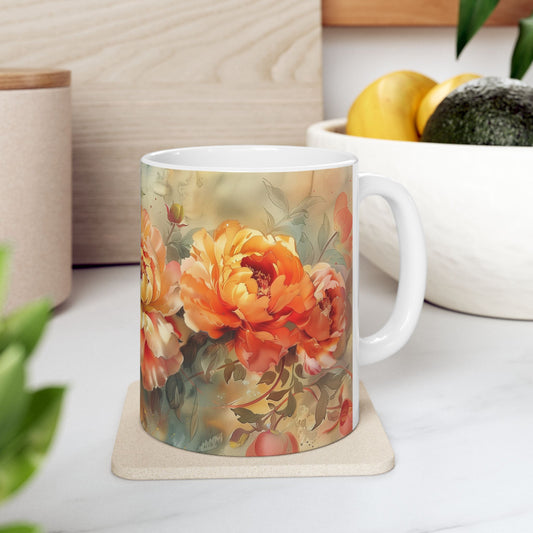 Vintage Peony Floral Mug - Elegant Flowers Watercolor Art, Design Gift for a Birthday Anniversary