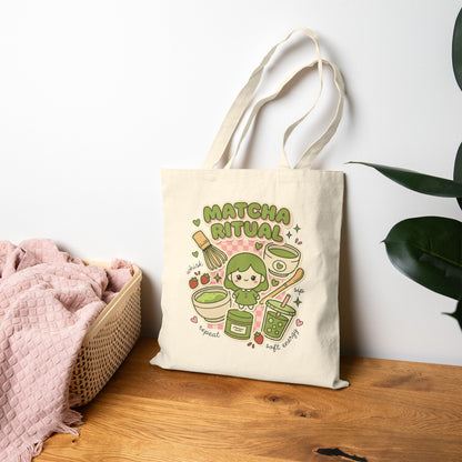 Matcha Ritual Tote | Matcha Girl Aesthetic, Café Cat Illustration