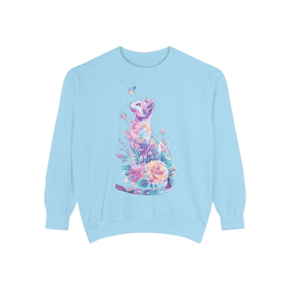 Colorful Cat Sweatshirt Comfort Colors, Galaxy Floral Cat Crewneck, Cute Cat Lover Gift, Pastel Aesthetic Pullover, Cozy Graphic Cat Jumper