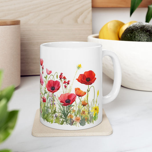 Poppy Meadow Ceramic Mug - Red Floral Coffee Cup, Nature Lover Mug, Botanical Drinkware,  Mothers Day Gift for Mom, Kitchen Decor