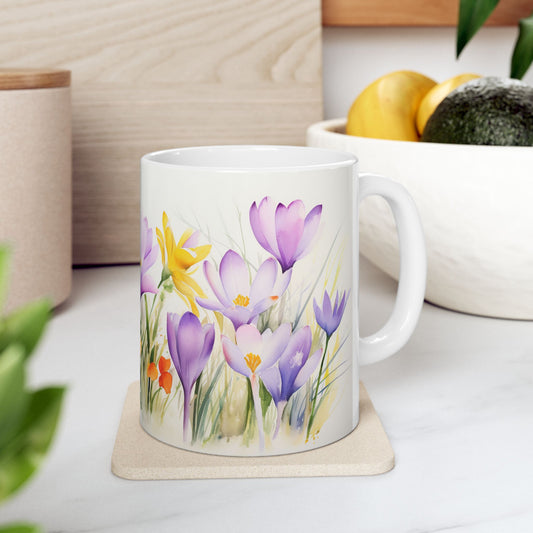 Spring Crocus Mug - Bloom Crocuses Floral Coffee Mug, Purple Pink Flowers Mug for Her, Botanical Tea Cup
