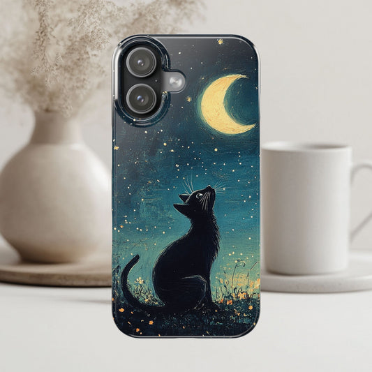 Black Cat iPhone Case for Iphone 17, 16, 15, Cover Starry Night Case Moon and Stars Phone Case Birthday Gift for Cat Lovers Cat Mom